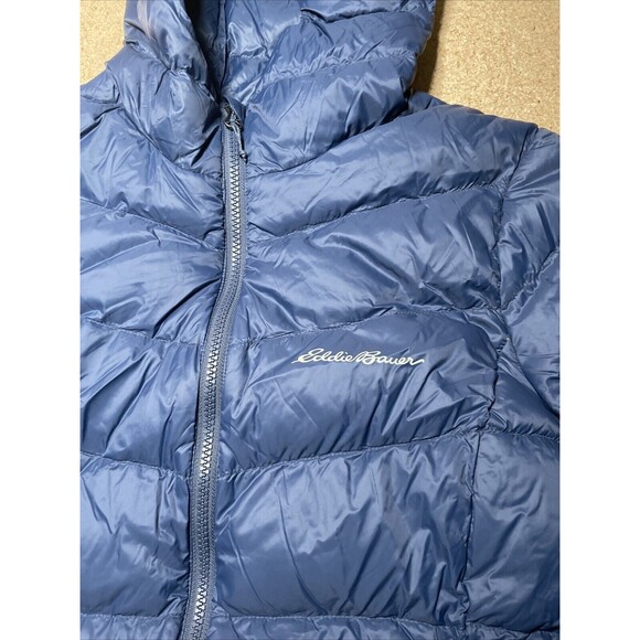 Eddie Bauer Jacket Women's Down Puffer Jacket Size M EB650 Blue Hooded Zip B2 - Picture 2 of 7